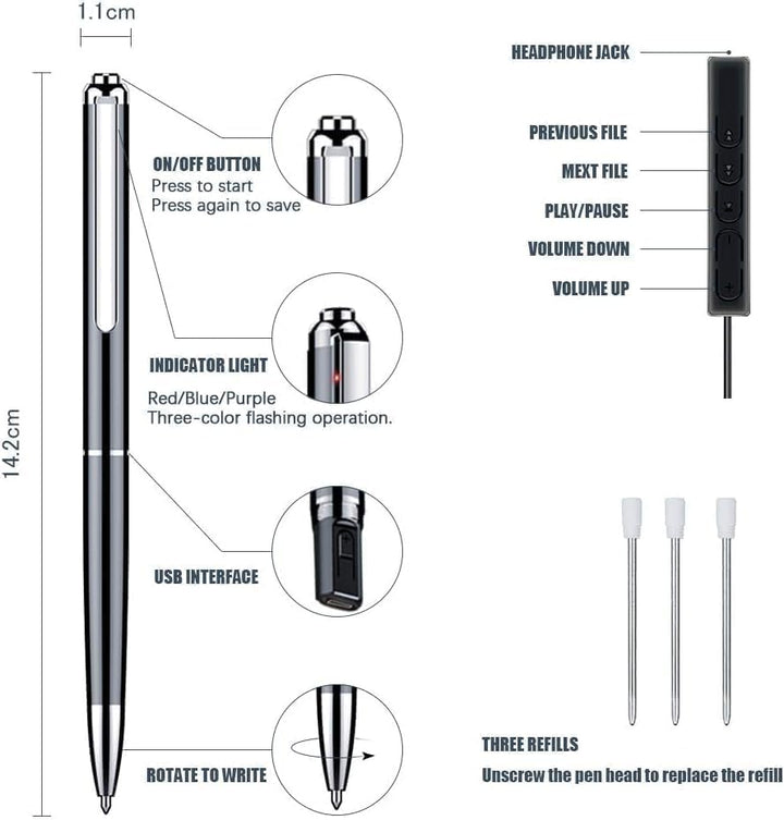 QZT 32 GB Voice Recorder Pen, Diktiergerät, 360-Grad-Soundaufnahme, HD Sprachaktivierter Rekorder, E