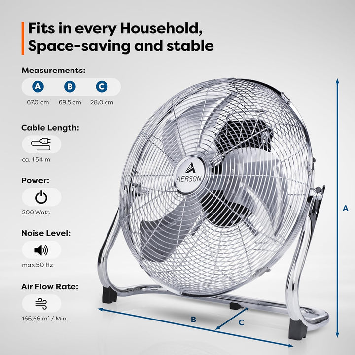 TRESKO AERSON Bodenventilator 60cm | Windmaschine mit 3-Leistungsstufen 200W | Standventilator Venti