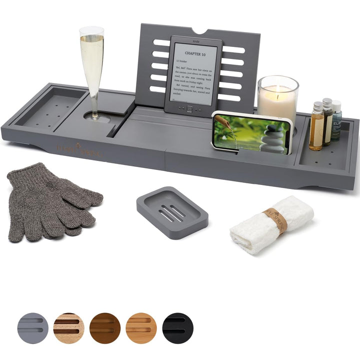 TEMPLE SPRING - Badewannenablage Bambus mit Kerzen-, Weinglas-, Buch-, Tablet-, iPad- und Telefonhal