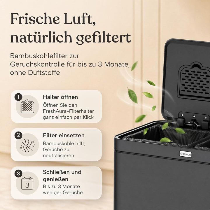 Mülleimer Küche 2 Fächer 60L - Doppelmülleimer mit FreshAura Geruchsfilter - Duo Slow Close Tretmüll