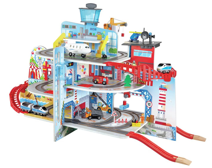 Hape Mega City Eisenbahn Set mit fünf Stockwerken und jeder Menge Zubehör