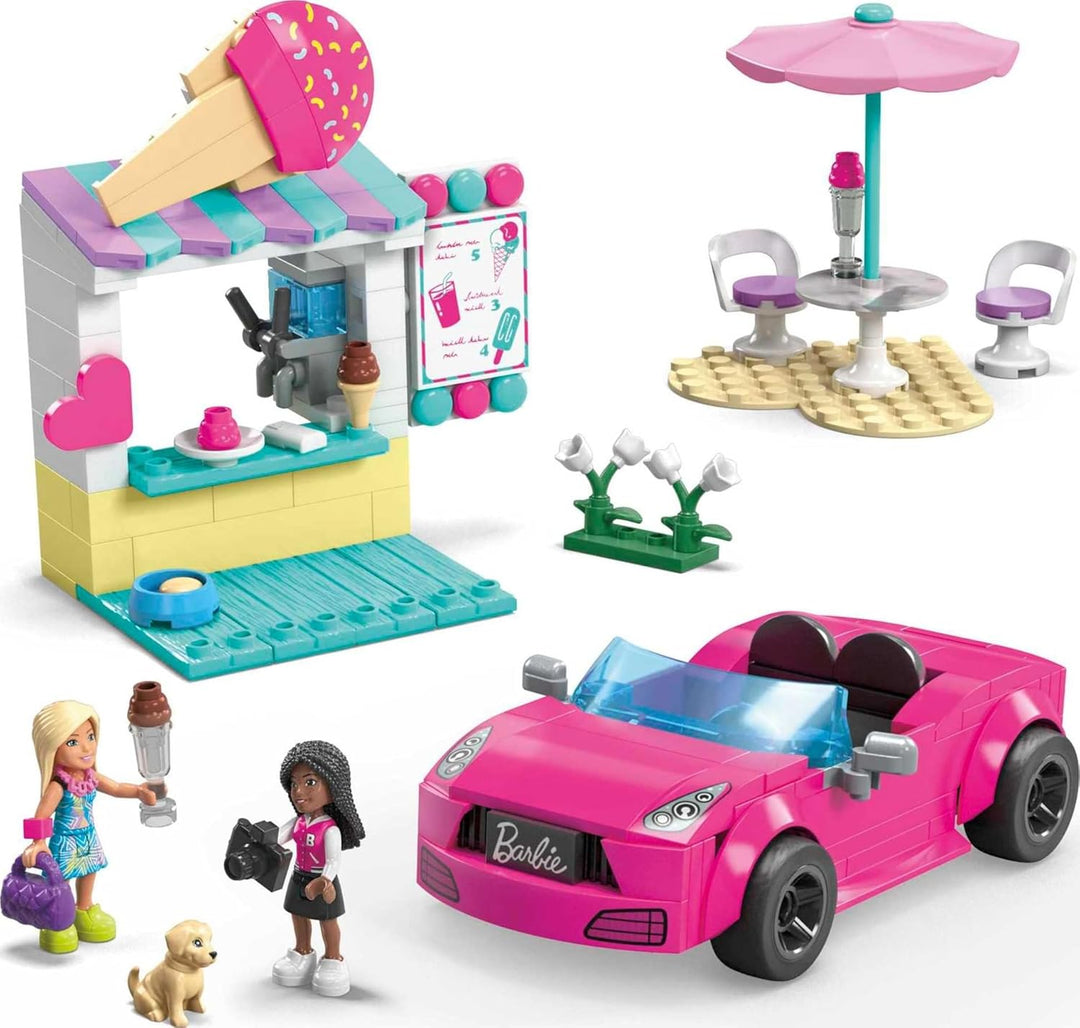 MEGA Barbie Autobauspielzeug Spielset, Cabrio & Eisständer mit 225 Teilen, 2 Mikropuppen und Zubehör