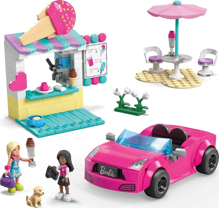 MEGA Barbie Autobauspielzeug Spielset, Cabrio & Eisständer mit 225 Teilen, 2 Mikropuppen und Zubehör