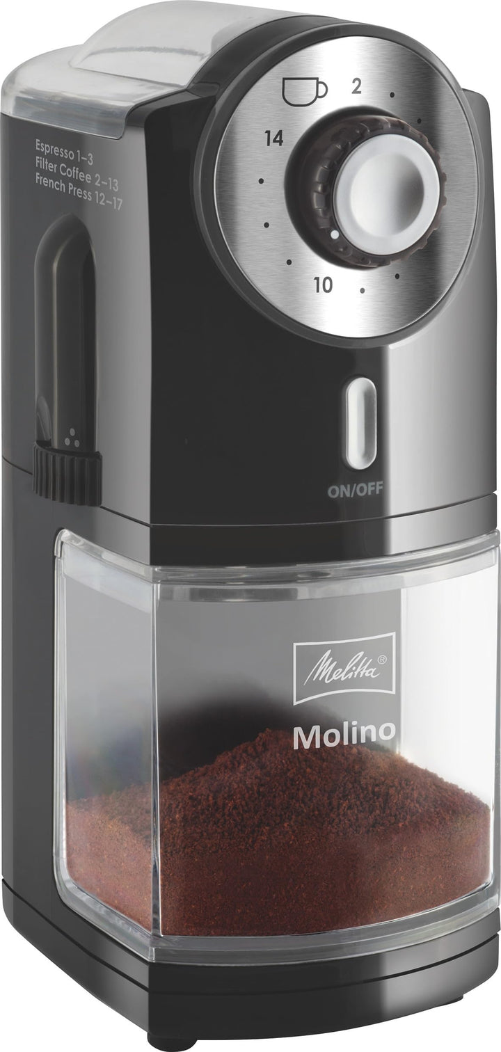 Melitta 1019-02 Kaffeemühle Molino, elektrisch, Scheibenmahlwerk, schwarz , 1 Stück (1er Pack), Schw