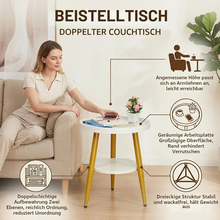 Beistelltisch Rund Holz | Runder Beistelltische Wohnzimmer | Couchtisch Klein mit Unterem Ablage | S