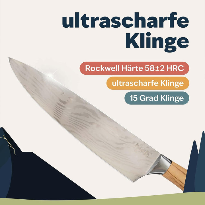 kjøk Premium Kochmesser Härte 58±2 HRC Chefmesser Klingenlänge 20 cm ergonomischer Olivenholz Griff