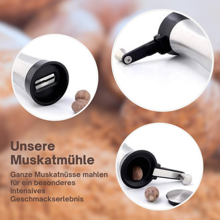 Muskatmühle Gewürzmühle Muskatnussmühle Edelstahl mit Aufbewahrungsbehälter und einklappbarer Kurbel