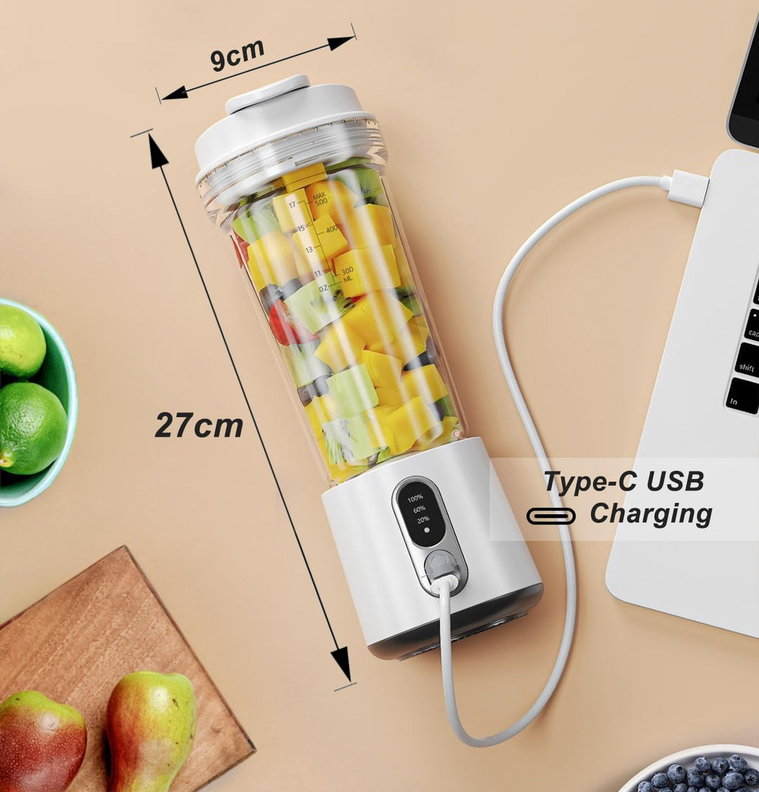 Tragbarer Mixer 500ml für Shakes Smoothies, USB-C Wiederaufladbarer 4000mAh, 6 Edelstahlklingen, Kab
