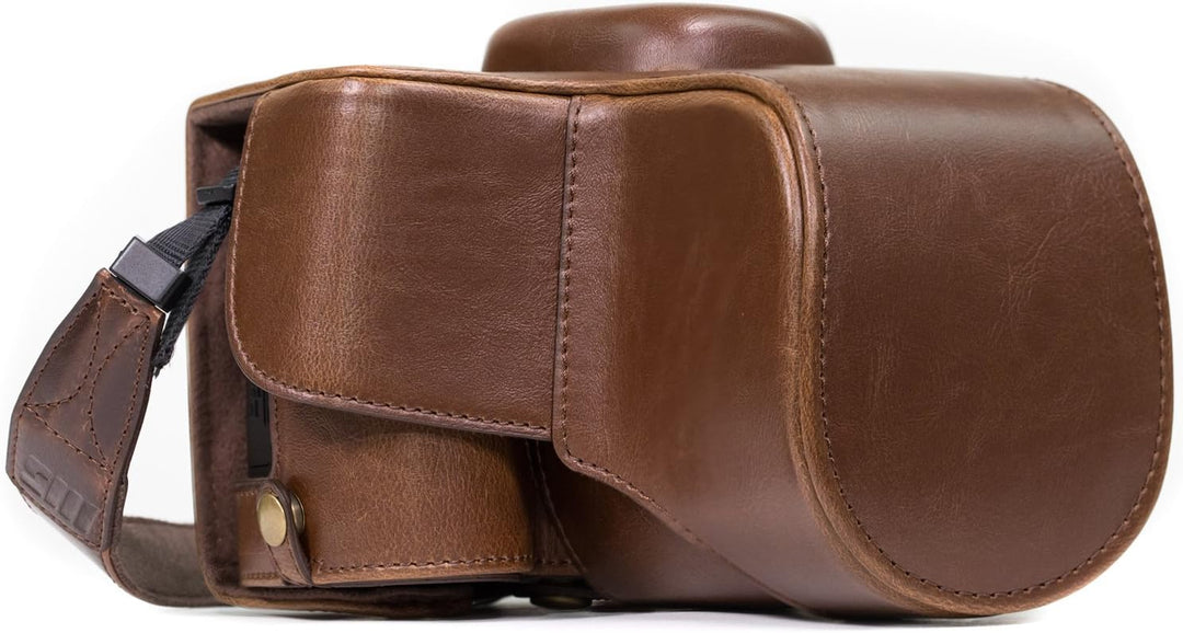 MegaGear Nikon D3400 Ever Ready Leder Kamera-Case mit Trageriemen und Batteriezugang Dunkelbraun MG8