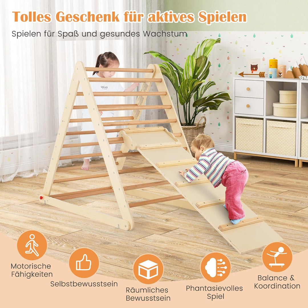 DREAMADE Kletterdreieck mit Rampe, klappbar Kletterspielzeug Holzdreieck aus Massivholz, Indoor Klet