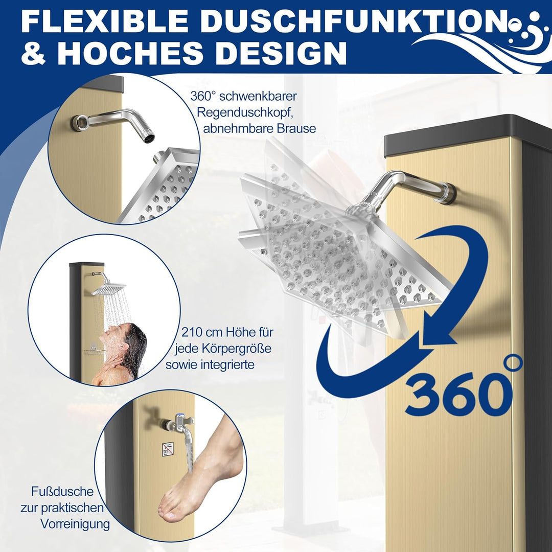 AufuN Solardusche Gartendusche 40L mit Chrom & Edelstahl, Warmwasser bis 60°C ohne Strom, 15cm Dusch