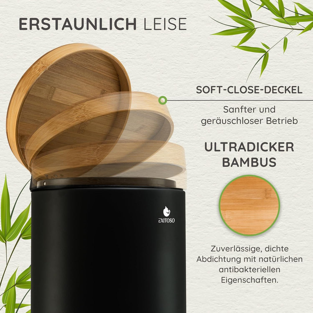Exitoso 5L Mülleimer Bad Schwarz - Kosmetikeimer mit Bambus-Holzdeckel und Absenkautomatik - mit Rut
