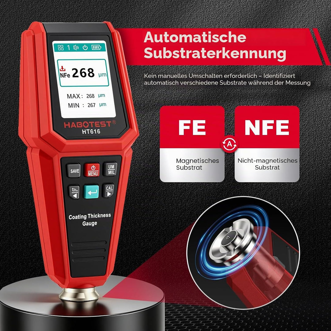 Lackschichtdickenmessgerät für Autos, Digitales Lackmessgerät mit Balkendiagramm, Fe/NFe-Sonde, 0-18