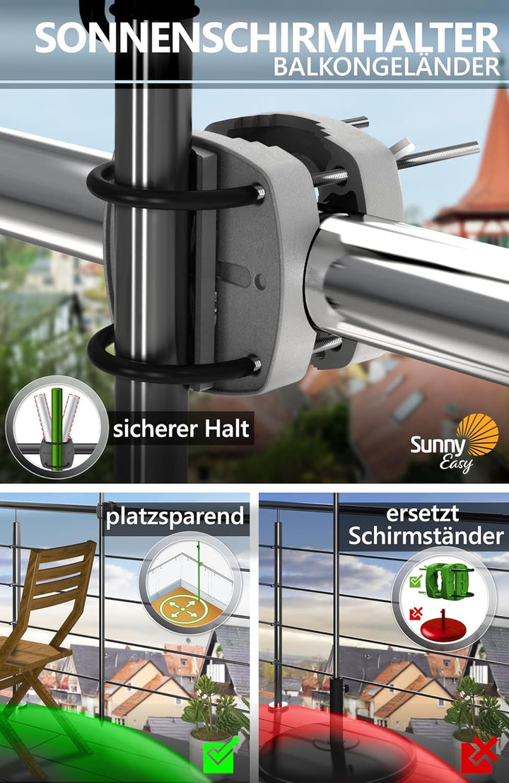 4smile Sonnenschirm Balkon SunnyJoy, 3-in-1 SET, Anthrazit - UPF 50+ Sonnenschirm Ø 180 cm + Sonnens