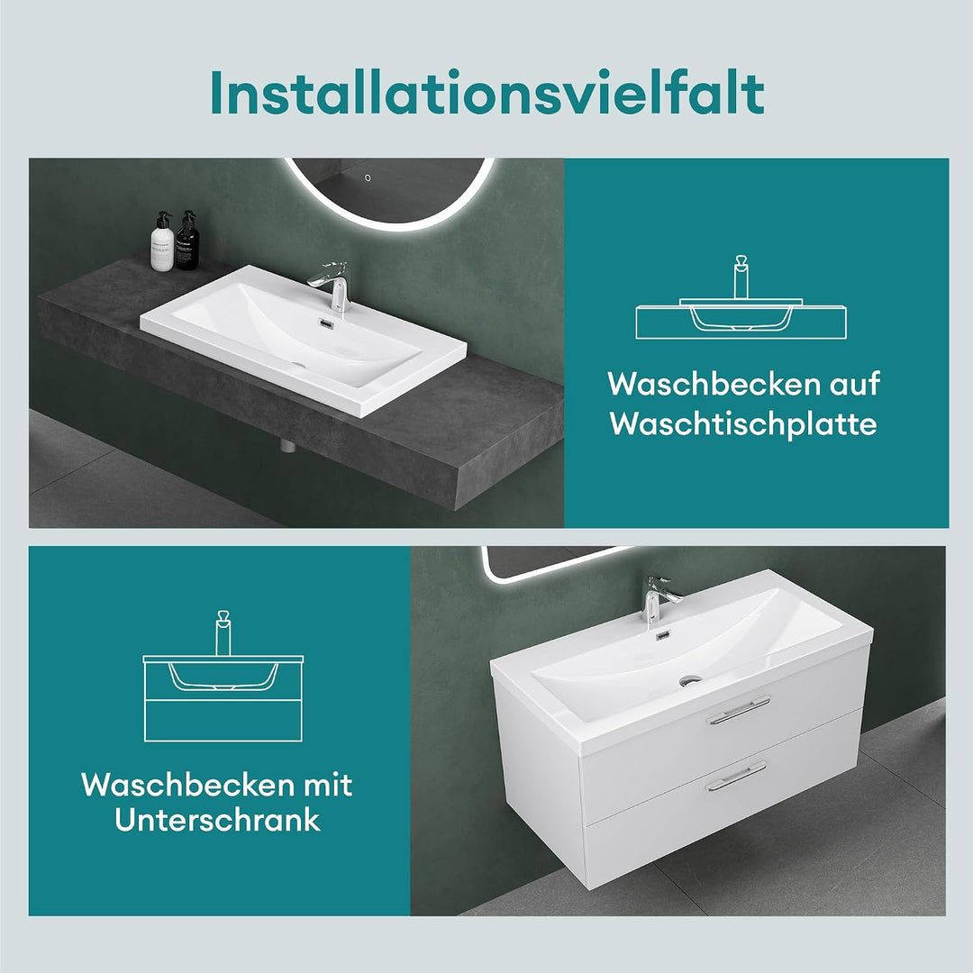 Mai &amp; Mai Einbau-Waschbecken Col01 Waschschale Waschtisch Mineralguss Weiss Rechteckig 1 Armaturenlo