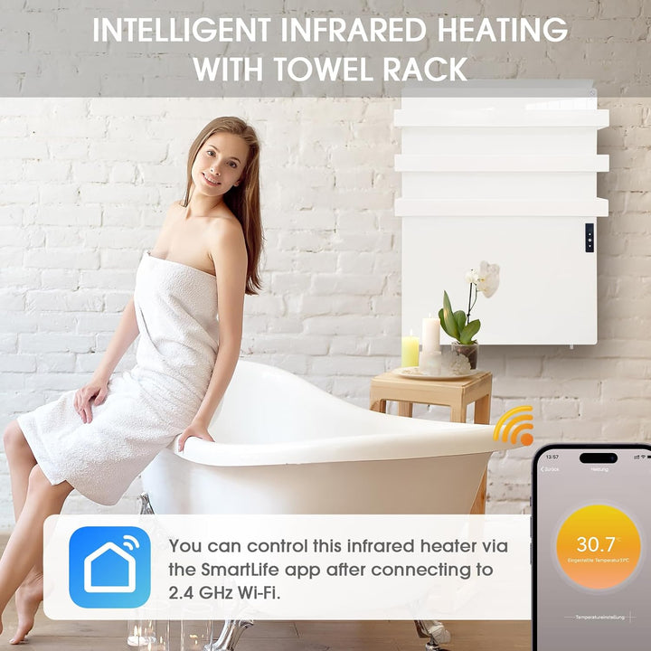 Infrarotheizung mit Thermostat 730 Watt, Bad-Heizkörper mit Handtuchhalter, Infrarot Wandheizung mit
