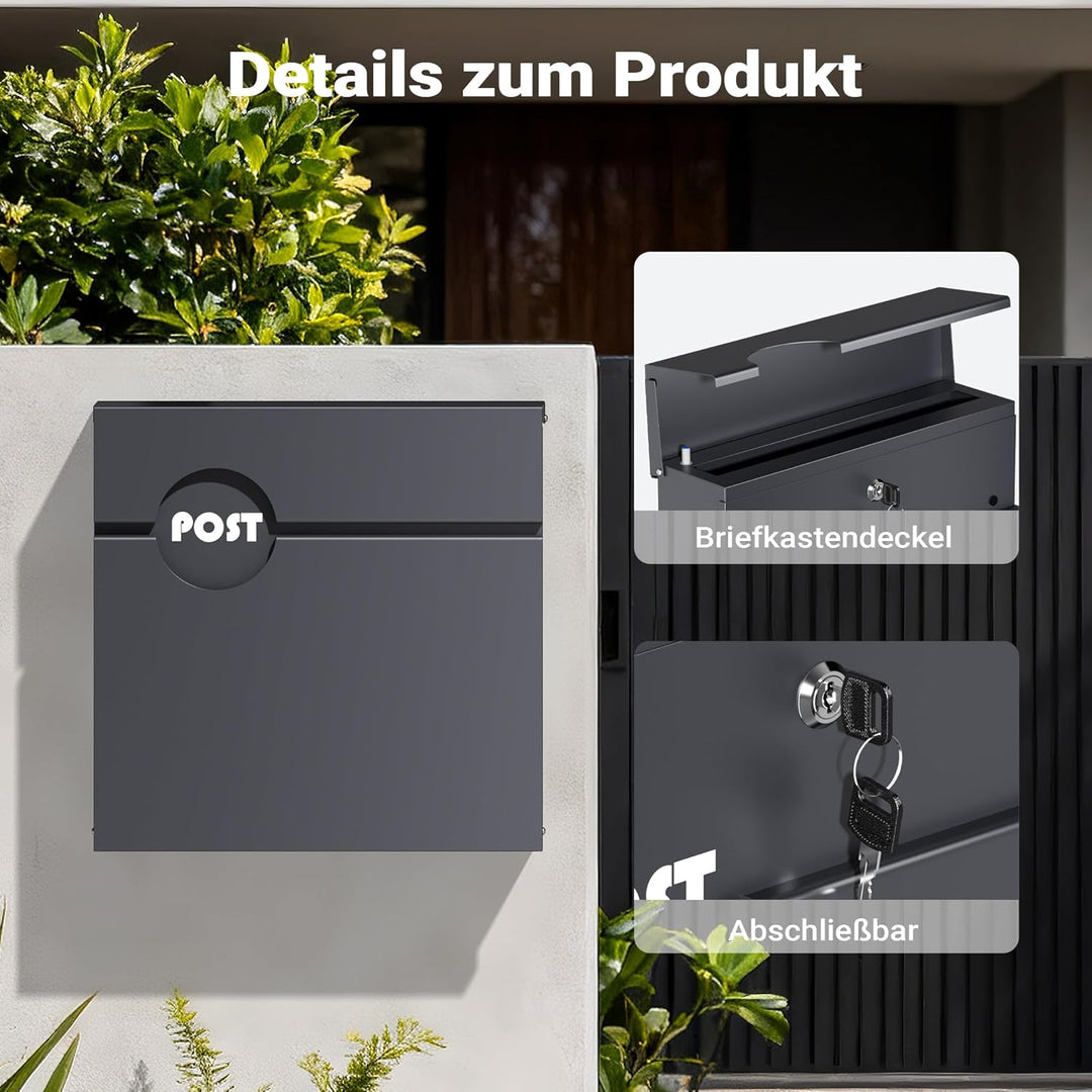 Wiltec Briefkasten Anthrazit V62 aus Stahl 37 x 11 x 37 cm, Wandbriefkasten mit Zeitungsfach und Sch