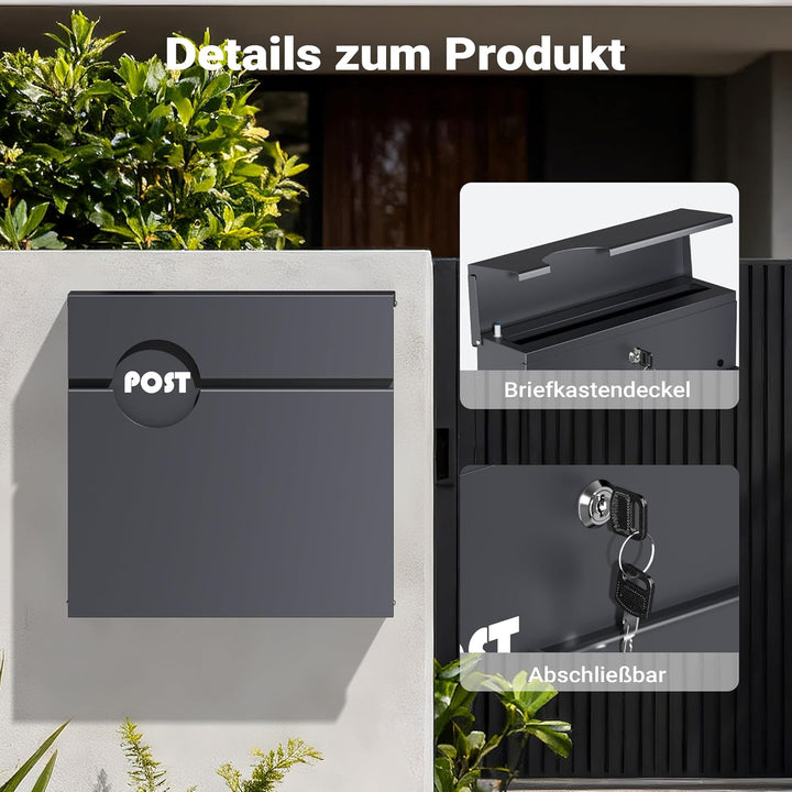 Wiltec Briefkasten Anthrazit V62 aus Stahl 37 x 11 x 37 cm, Wandbriefkasten mit Zeitungsfach und Sch