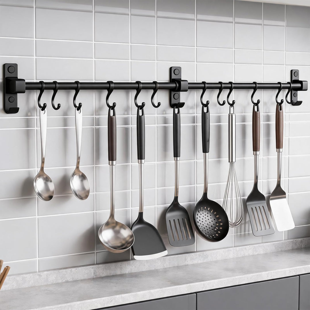 Hakenleiste Küche 80 cm, Aluminium Hängeleiste Küche, Stange für Küchenutensilien mit Beweglichen Ha