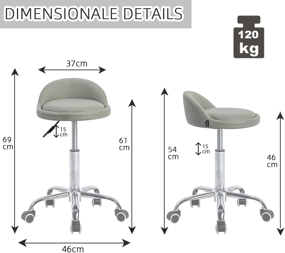 Mingone Bürohocker Höhenverstellbar 2 Stück Rollhocker mit Lehne Drehhocker mit Rollen Arbeitshocker