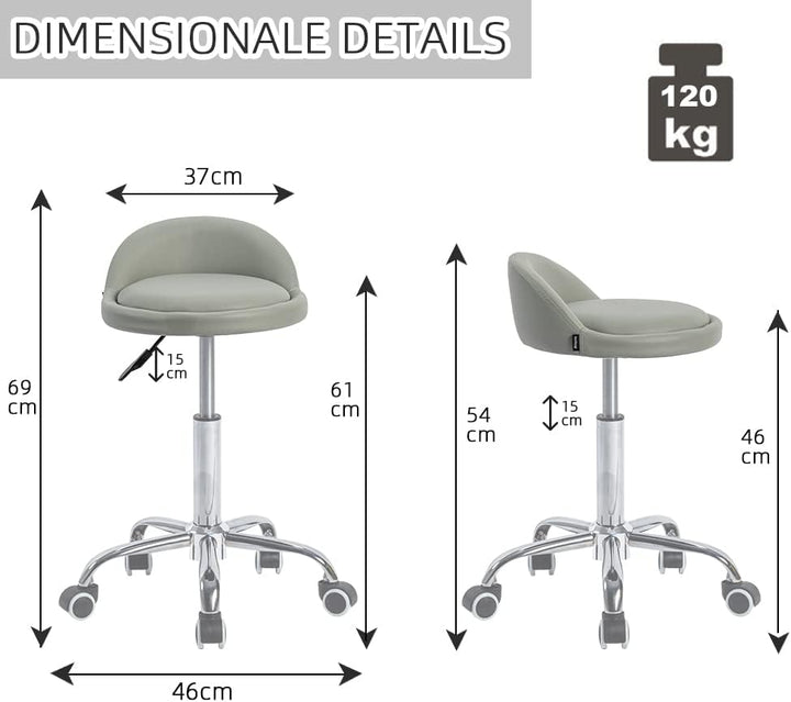 Mingone Bürohocker Höhenverstellbar 2 Stück Rollhocker mit Lehne Drehhocker mit Rollen Arbeitshocker