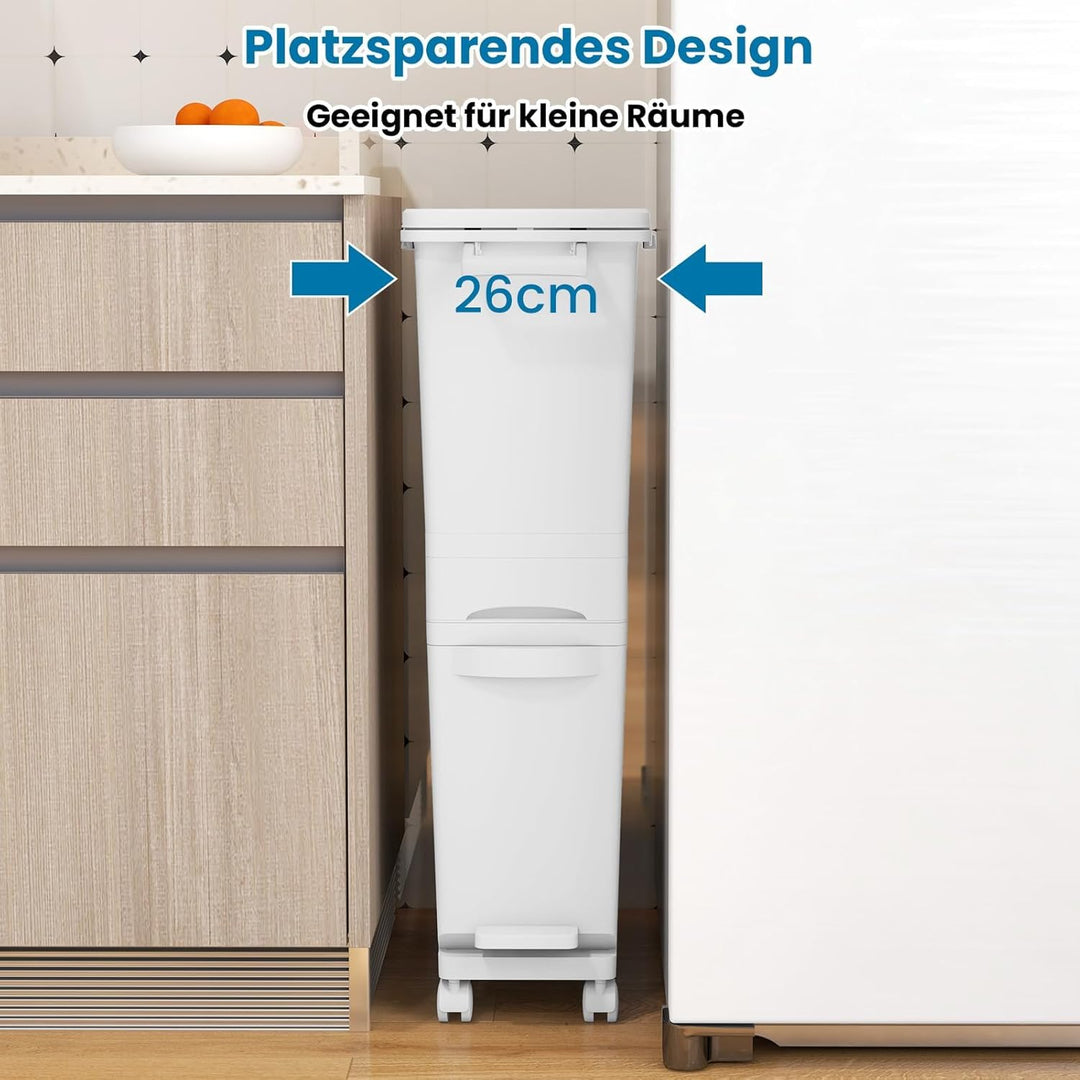 FANTASK 3 in 1 Mülleimer 32L auf Rädern, Abfalleimer Küche mit Kippbehälter & 2 Fächer, Schublade &