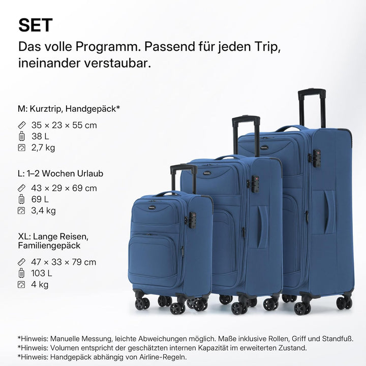 Stoffkoffer erweiterbar mit Frontfächern,15% Extra-Volumen, TSA-Schloss, 360° Doppelrollen & verdeck