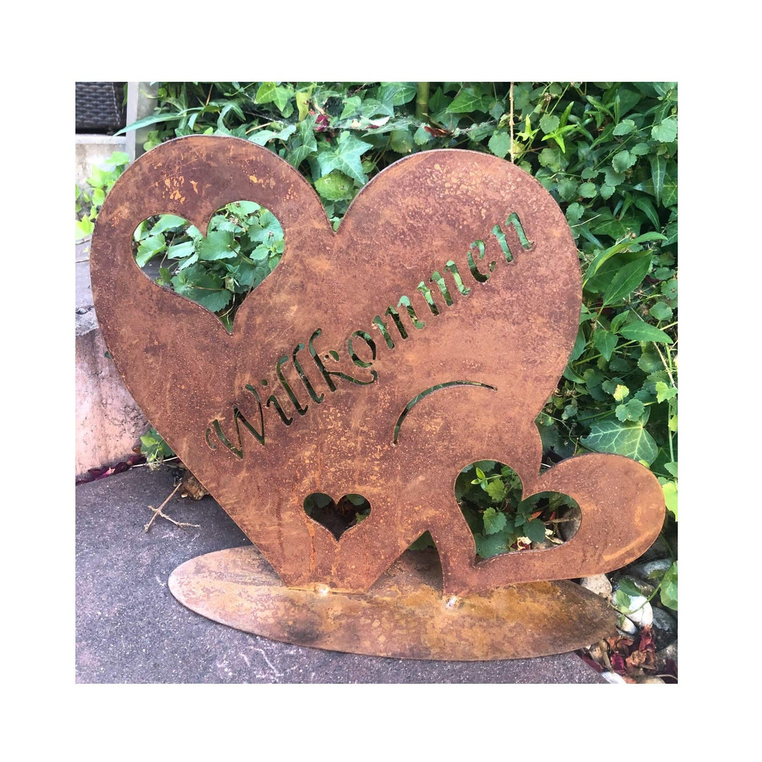 Radami Edelrost Herz - Willkommen - Schild Willkommensschild Gartenstecker Metall Gartenfigur, Metal
