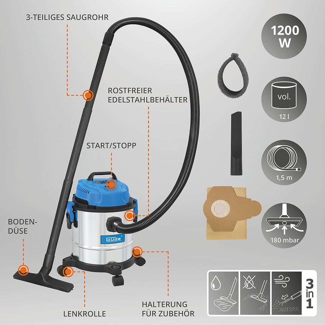 Güde 12 L 17000, NASS-TROCKENSAUGER GNTS 12L, Blau, Silber,schwarz, 1200 W, 80 Dezibel 1200W / 12L