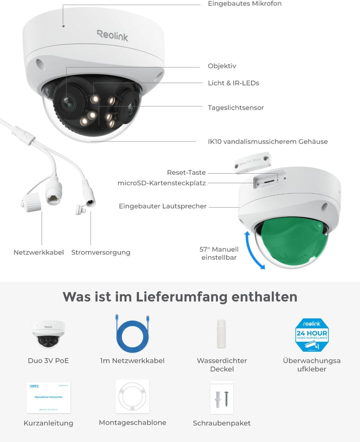 Reolink 16MP UHD 180° Panorama Dual-Objektiv Überwachungskamera, Bewegungsverfolgung, Farbnachtsicht