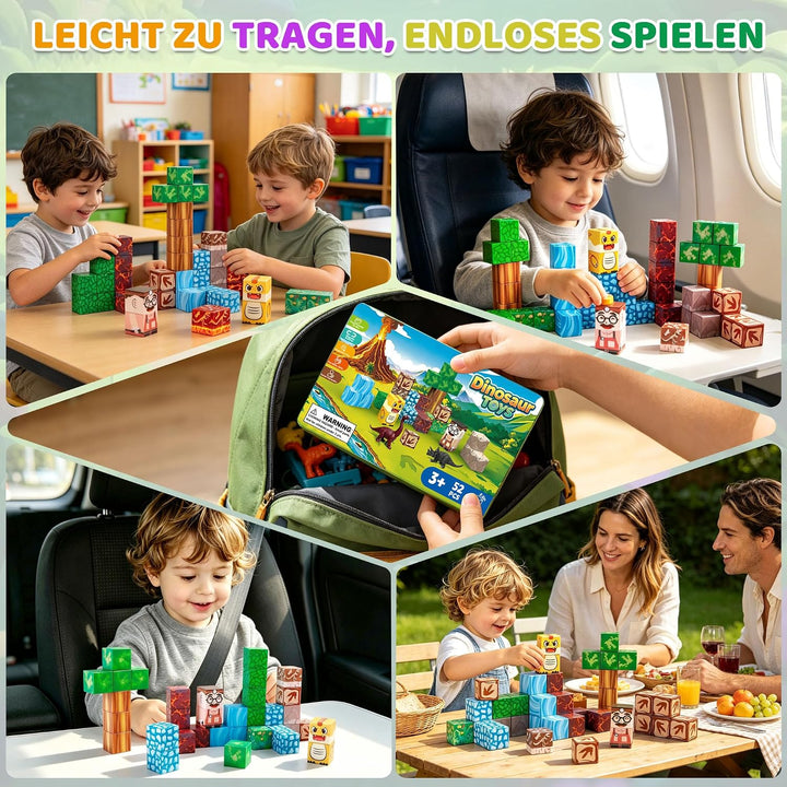 DQMOON Spielzeug ab 3 Jahren, 52 Teile Magnetbausteine Kinder mit Dinosaurier Figuren und tragbarer