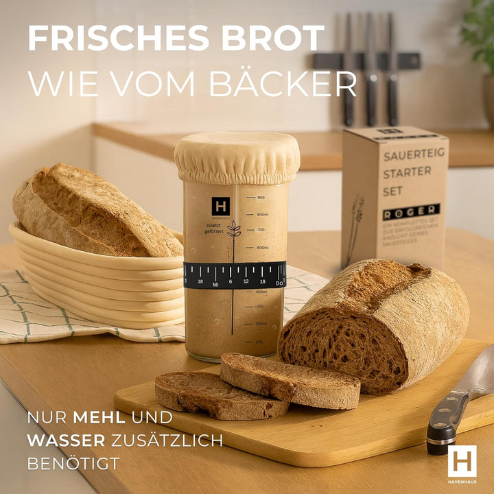 Brotbackset Gärkörbchen rund | Sauerteig Starter Set mit umfassendem Brot backen Zubehör | inklusive
