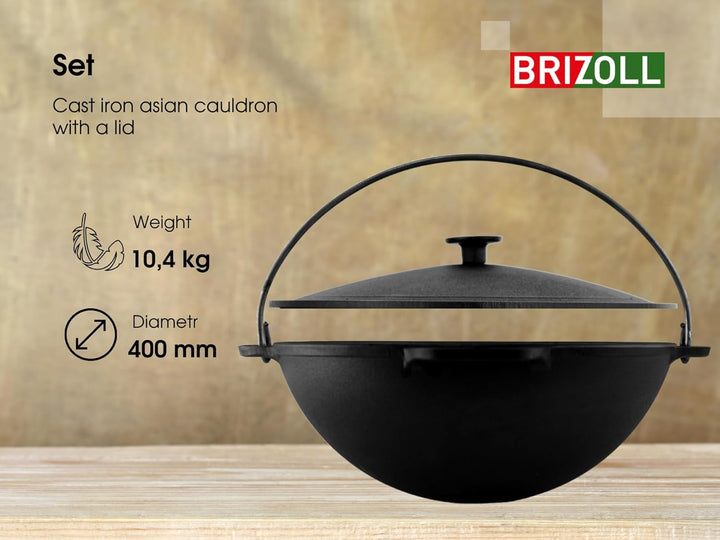 Brizoll Wok Asia 12 Liter mit Deckel aus Gusseisen