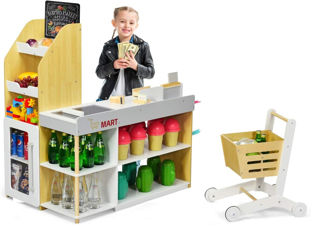 COSTWAY Kaufladen mit Einkaufswagen, Kaufmannsladen mit Tafel, inkl. Registrierkasse, Scanner, Karte