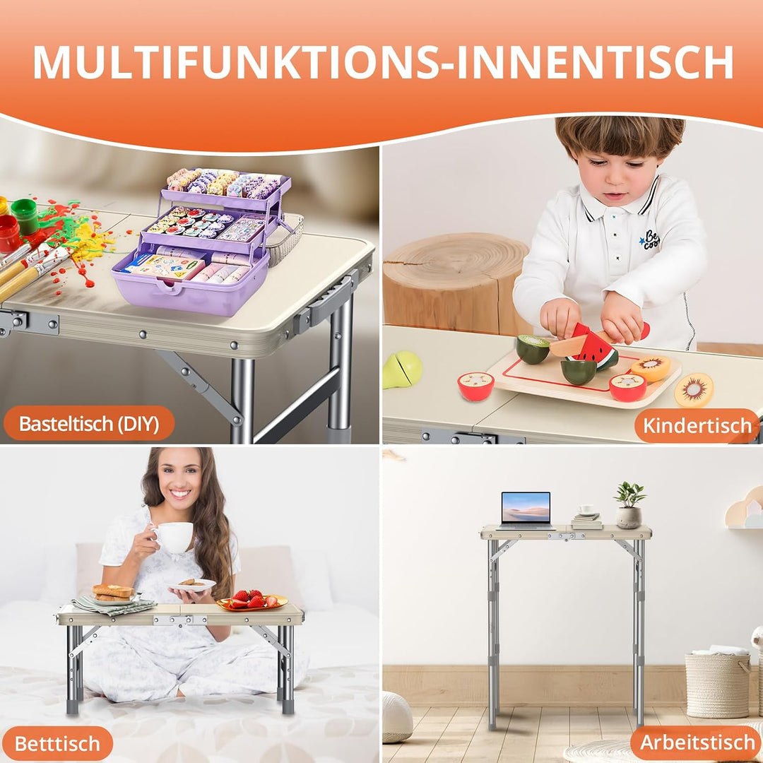FUNYKICH Campingtisch Klappbar 58x40cm, Höhenverstellbar 26/48/70cm Weiss | Wasserdichter Kunststoff