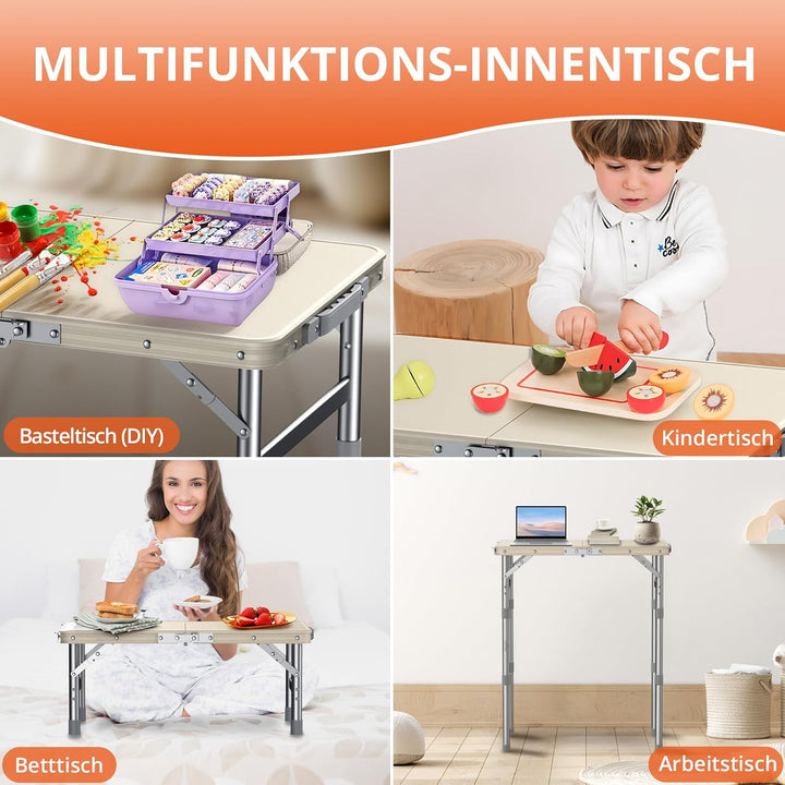 FUNYKICH Campingtisch Klappbar 58x40cm, Höhenverstellbar 26/48/70cm Weiss | Wasserdichter Kunststoff