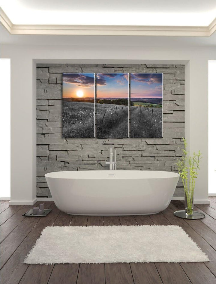 Pixxprint Bergwiese im Sonnenaufgang als Leinwandbild/Grösse: 3 Teilig (120x80) cm/Wandbild/Kunstdru