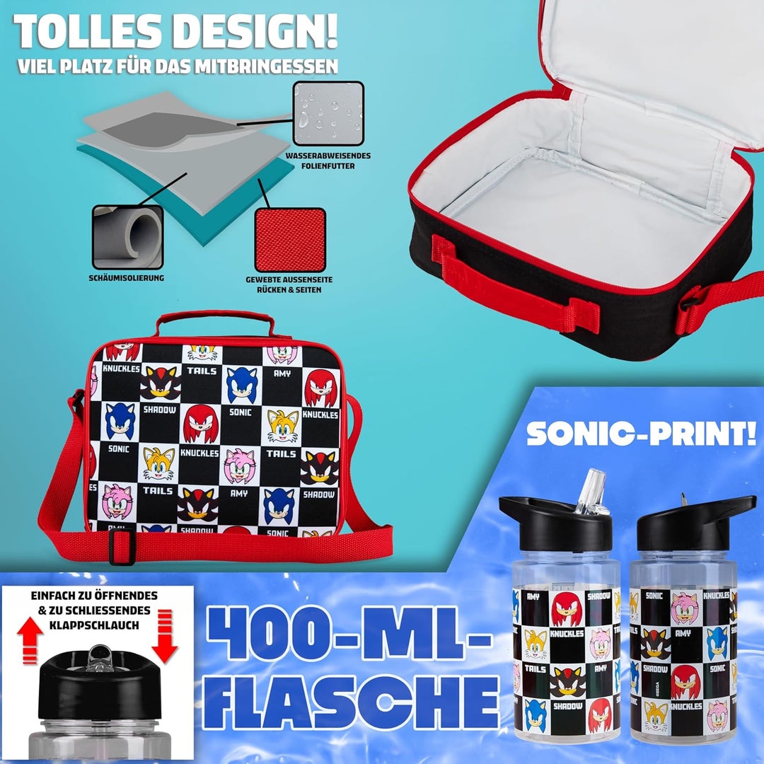 Get Trend Sonic THE Hedgehog Rucksack Kinder Jungen 4er Set mit Trinkflasche Kinder Federmäppchen Lu