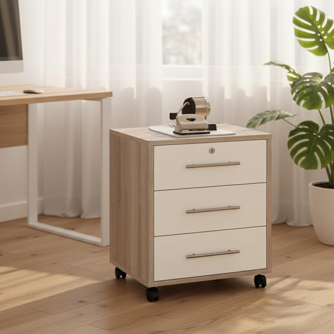 moebel-dich-auf Rollcontainer TABOR in Eiche Sonoma weiss matt 3 Schubkästen 44,1 cm breit, Rollcont