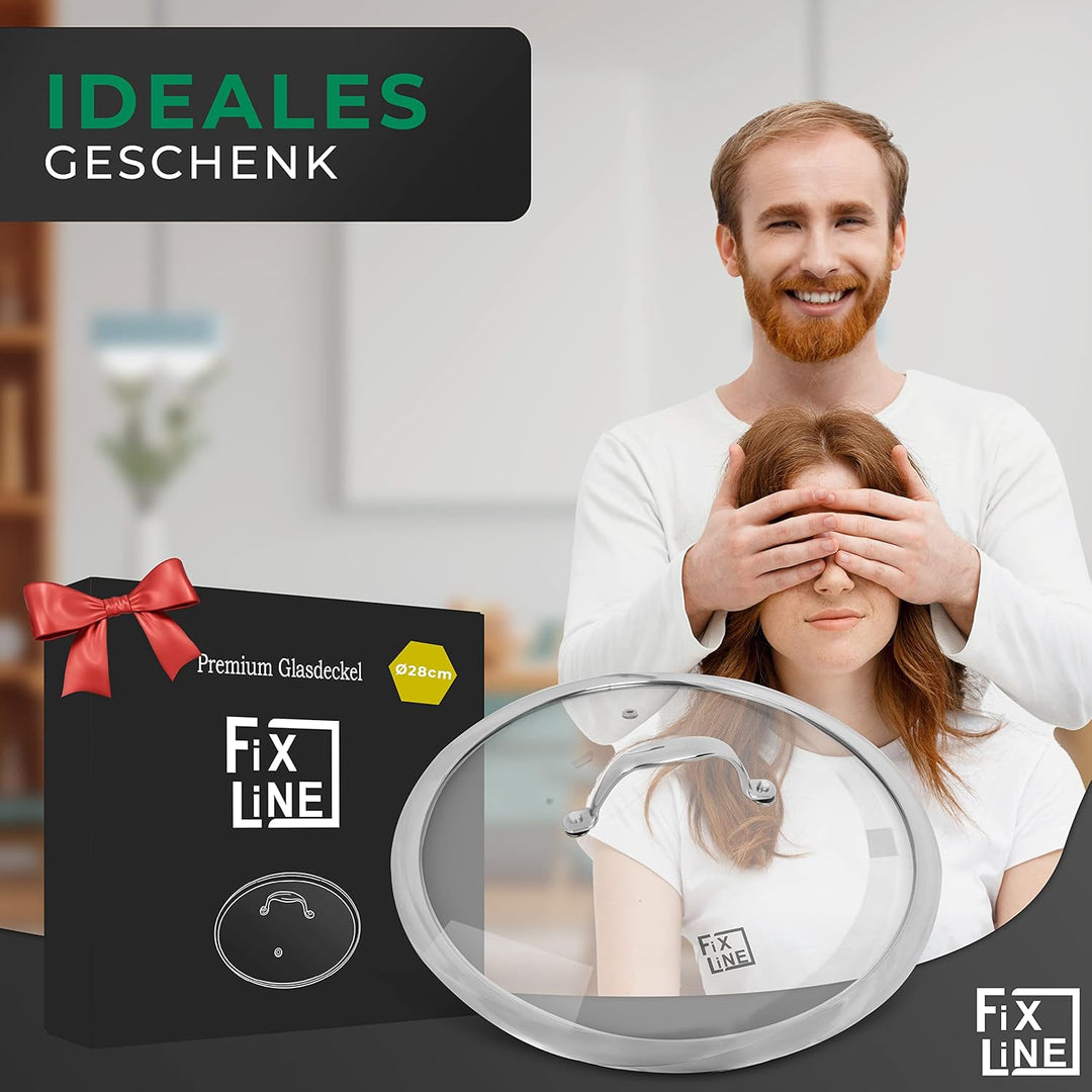 FIXLINE® Glasdeckel 28cm – Universal Topfdeckel aus gehärtetem Glas mit Dampfauslass & Edelstahlrand