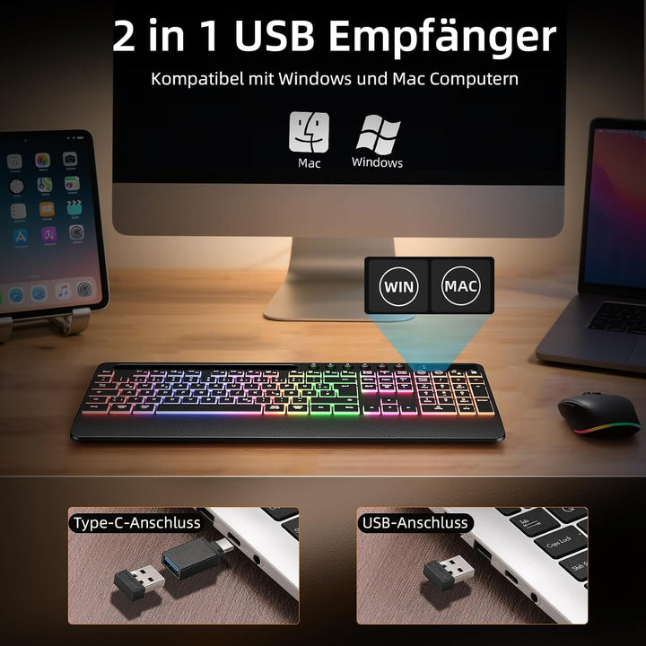 Hamile Tastatur Maus Set kabellos Beleuchtete mit Telefonhalter, 2,4 GHz USB-A/C wiederaufladbar Tas