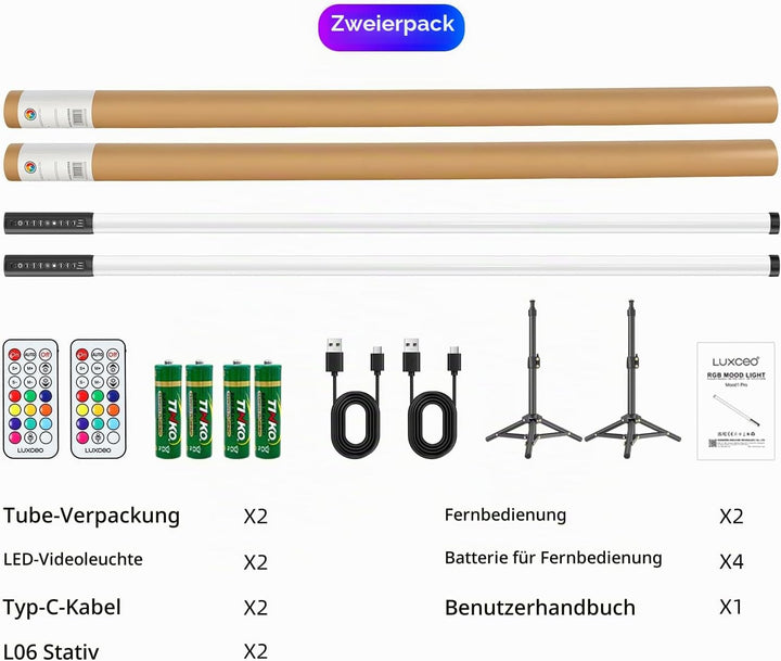 2 Stück 120cm LED Videolicht Mood1 Pro mit Stativ, LED Handheld Fotografie Lichtdimmbar und Musikmod