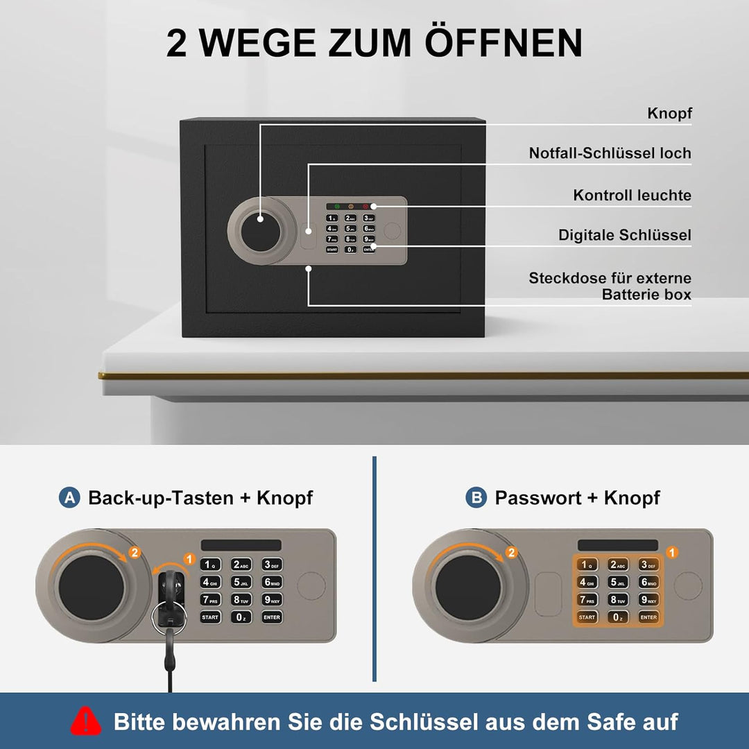 Diyife 16L Safe Tresor mit Zahlenschloss, Alarmfunktion+Innenbeleuchtung, Möbeltresor mit Abnehmbare