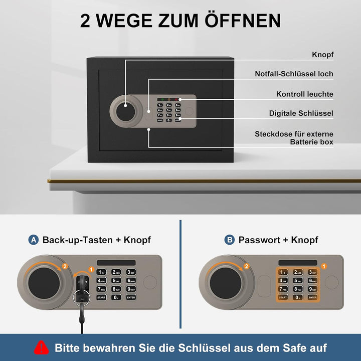 Diyife 16L Safe Tresor mit Zahlenschloss, Alarmfunktion+Innenbeleuchtung, Möbeltresor mit Abnehmbare