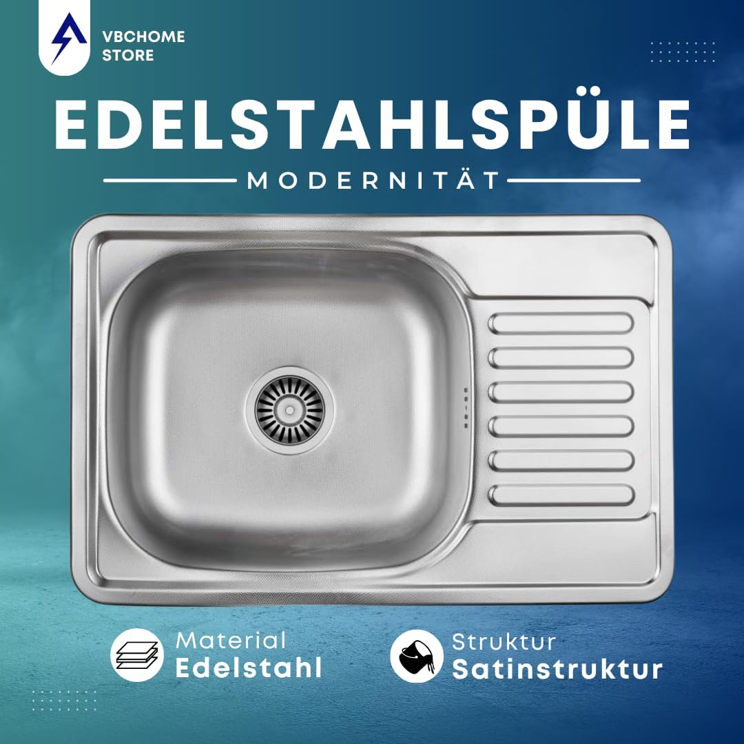 VBChome Einbauspüle 66x42 Satinstruktur Edelstahl Küchenspüle Spüle Ablagefläche Reversibel Abtropff