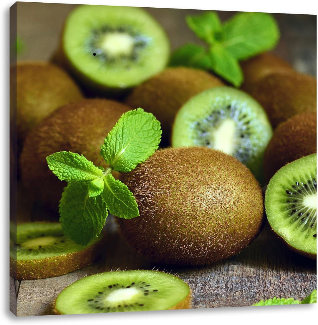 Pixxprint Kiwis auf Holztisch als Leinwandbild | Grösse: 70x70 cm | Wandbild | Kunstdruck | fertig b