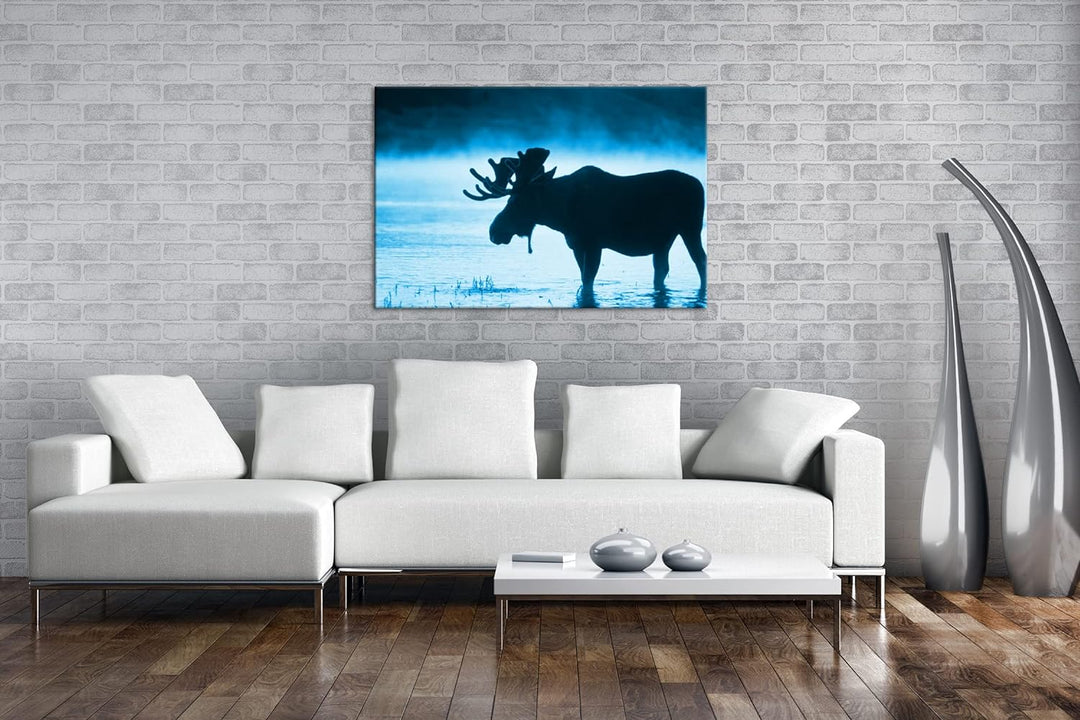 deyoli Elch Silhouette am Wasser Format 80x60 Effekt: Monocrome Blau als Leinwandbild, Motiv fertig