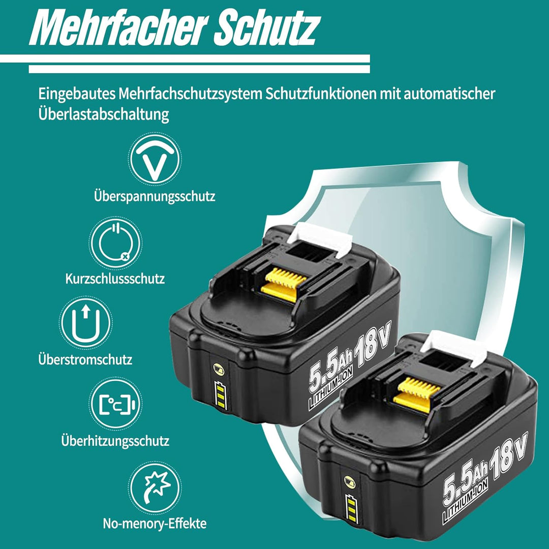 2X Akku 18V 5.5Ah Li-Ion Ersatzakku für Makita 18V, Kompatibel mit Allen Makita 18V Akku-Werkzeugen