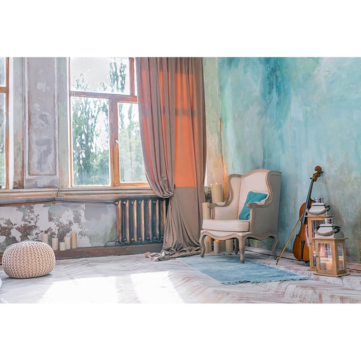 YongFoto 3x2m Vinyl Foto Hintergrund Indoor Szene Fenster Vorhang Geige Sofa Blau gemalte Wand Fotog