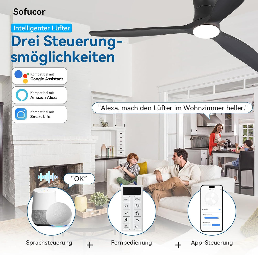 Sofucor Smart Deckenventilator mit Beleuchtung,132cm Massivholz Deckenventilator mit Licht, Alexa/AP
